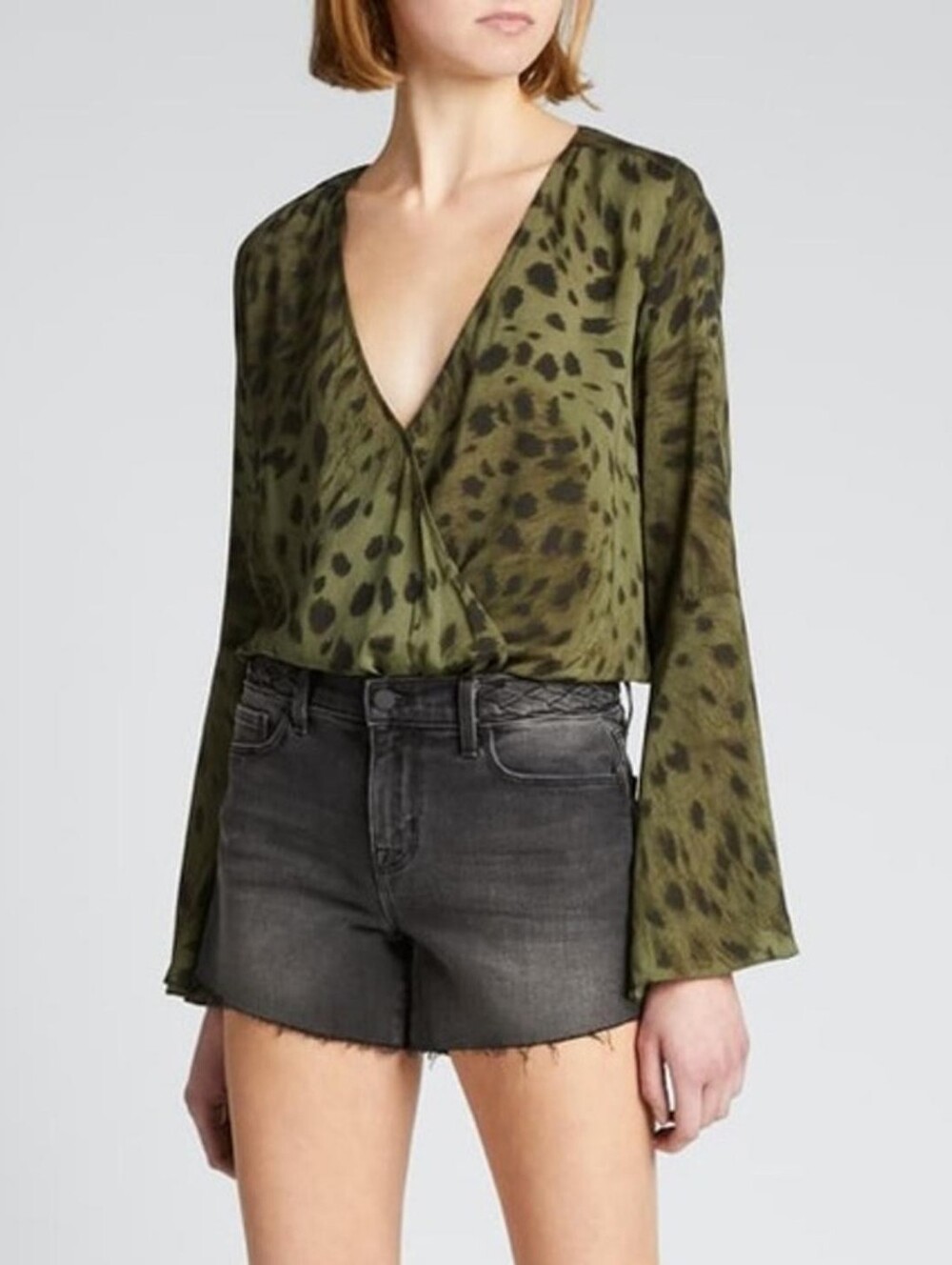 L'AGENCE Mei Animal Print Blouse Army Olive Hunter Green Size Small